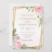 Invitation Aquarelle rose Floral Mariage géométrique or (Devant)