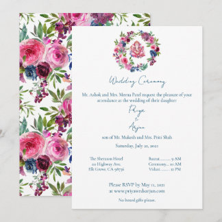 Invitation Aquarelle rose Floral Mariage Hindu Ganesh