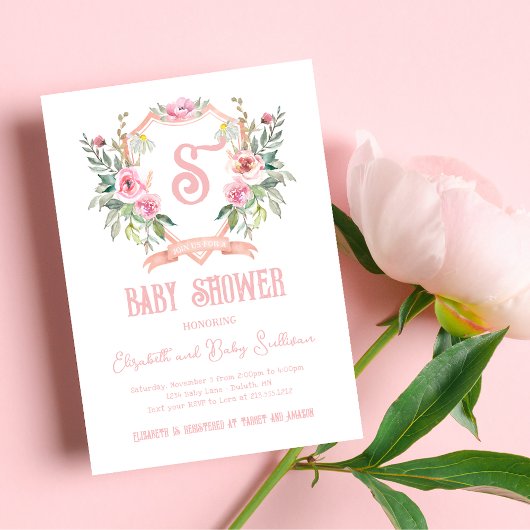 Invitation Aquarelle rose Floral Monogram Baby shower Crest