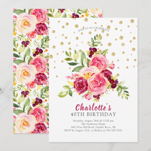 Invitation Aquarelle rose Floral Or Confetti Anniversaire (Devant / Derrière)