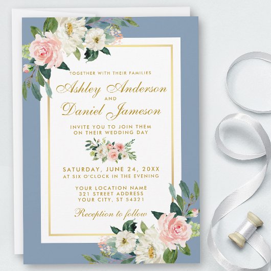 Invitation Aquarelle rose Floral or Dusty Mariage bleu
