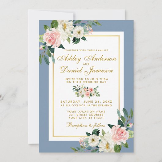 Invitation Aquarelle rose Floral or Dusty Mariage bleu (Devant)