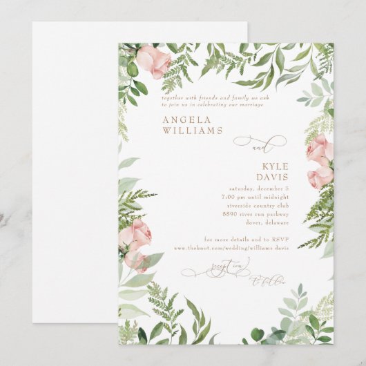 Invitation Aquarelle rose Floral & Or Eucalyptus Invitati (Devant / Derrière)