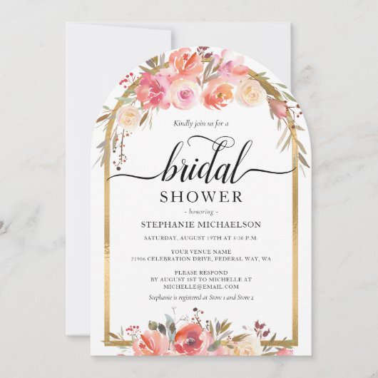 Invitation Aquarelle rose Floral or Fête des mariées (Devant)