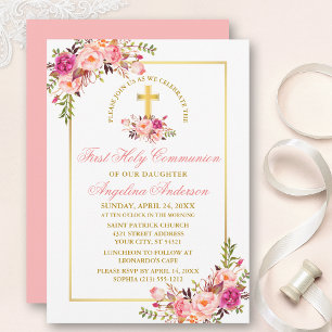 Invitation Aquarelle rose Floral Or Frame Première communion