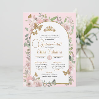 Invitation Aquarelle rose Floral Or papillon Quinceañera