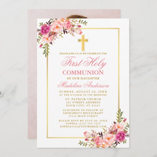 Invitation Aquarelle rose Floral Or première communion Photo (Devant / Derrière)