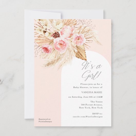 Invitation Aquarelle rose floral pampas bébé douche fille (Devant)