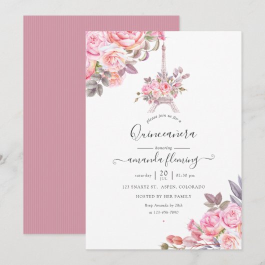 Invitation Aquarelle rose Floral Paris Quinceañera (Devant / Derrière)