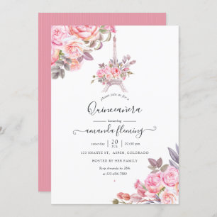 Invitation Aquarelle rose Floral Paris Quinceañera