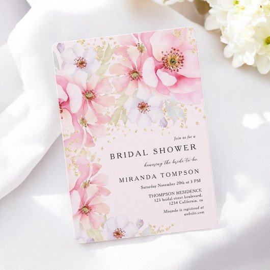 Invitation Aquarelle rose Floral Parties scintillant or Fête 