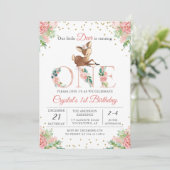 Invitation Aquarelle rose Floral Petit Cerf Premier anniversa (Debout devant)