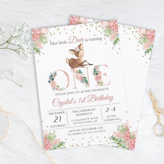 Invitation Aquarelle rose Floral Petit Cerf Premier anniversa