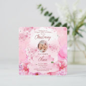 Invitation Aquarelle rose Floral Portrait Baptême (Debout devant)