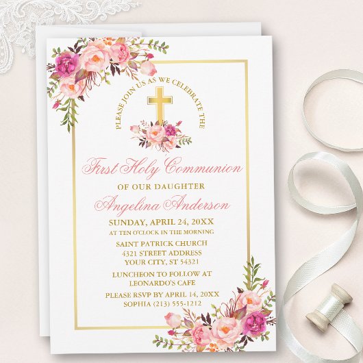 Invitation Aquarelle rose Floral Première Communion Gold Fram