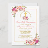 Invitation Aquarelle rose Floral Première Communion Gold Fram (Devant)