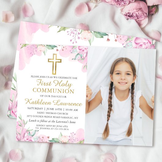 Invitation Aquarelle rose Floral Première Sainte Communion Ph