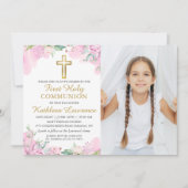 Invitation Aquarelle rose Floral Première Sainte Communion Ph (Devant)