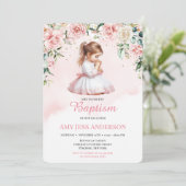 Invitation Aquarelle rose Floral Priant Fille Baptême (Debout devant)