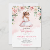 Invitation Aquarelle rose Floral Priant Fille Baptême (Devant)