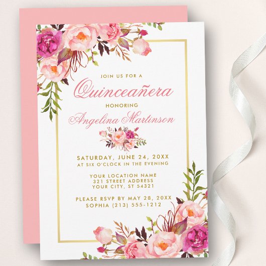 Invitation Aquarelle rose Floral Quinceanera Or