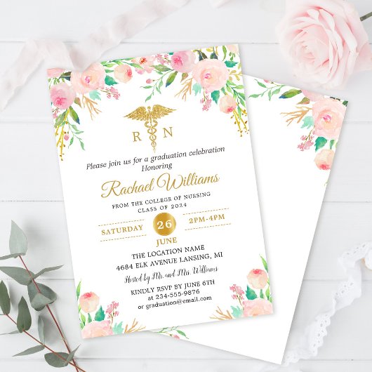 Invitation Aquarelle rose Floral RN Nurse Party