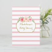 Invitation Aquarelle rose Floral Rose rayures Baby shower (Debout devant)