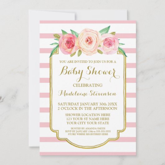Invitation Aquarelle rose Floral Rose rayures Baby shower (Dos)