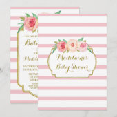 Invitation Aquarelle rose Floral Rose rayures Baby shower (Devant / Derrière)
