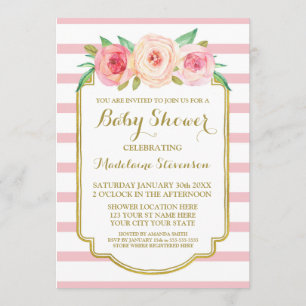Invitation Aquarelle rose Floral Rose rayures Baby shower