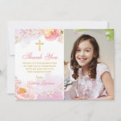 Invitation Aquarelle rose Floral Saint Communion Merci (Devant)