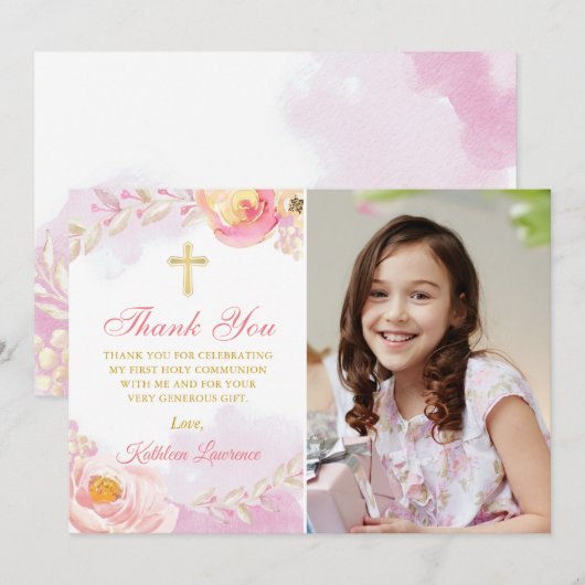 Invitation Aquarelle rose Floral Saint Communion Merci (Devant / Derrière)