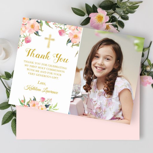 Invitation Aquarelle rose Floral Saint Communion Merci