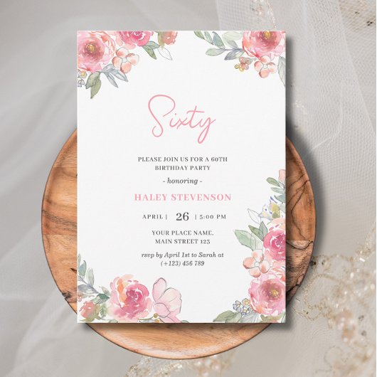 Invitation Aquarelle rose Floral Soixante Boho Chic Anniversa