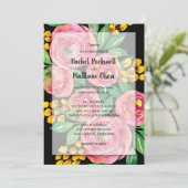 Invitation Aquarelle rose Floral sur Mariage noir (Debout devant)