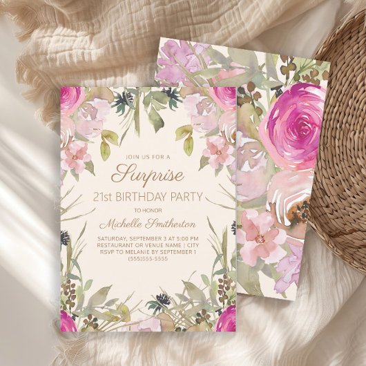 Invitation Aquarelle rose Floral Surprise 21e anniversaire