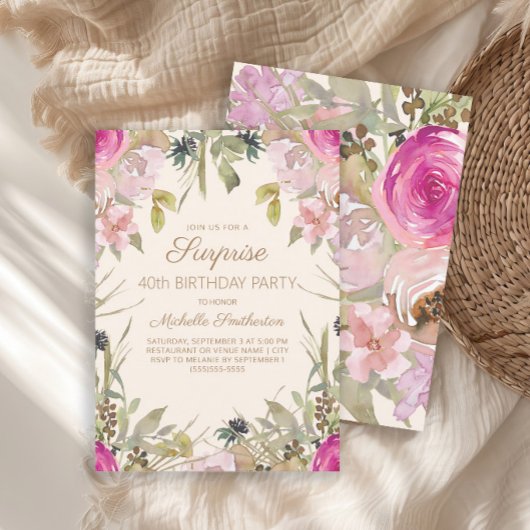Invitation Aquarelle rose Floral Surprise 40e anniversaire