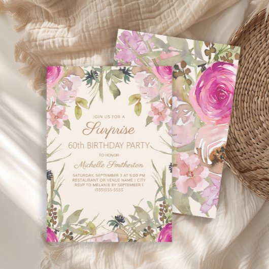Invitation Aquarelle rose Floral Surprise 60e anniversaire