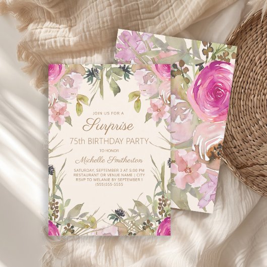 Invitation Aquarelle rose Floral Surprise 75e anniversaire