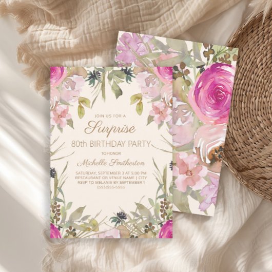 Invitation Aquarelle rose Floral Surprise 80e anniversaire