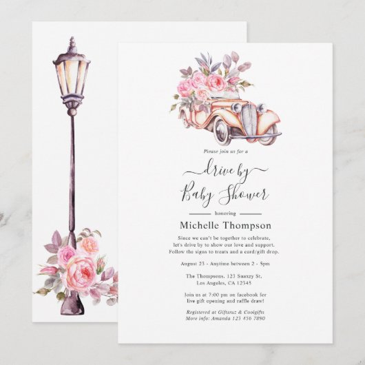 Invitation Aquarelle rose Floral Thème Paris Conduire par Dou (Devant / Derrière)