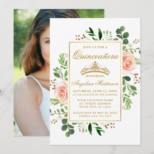 Invitation Aquarelle rose Floral verdure Quinceanera Photo (Devant / Derrière)