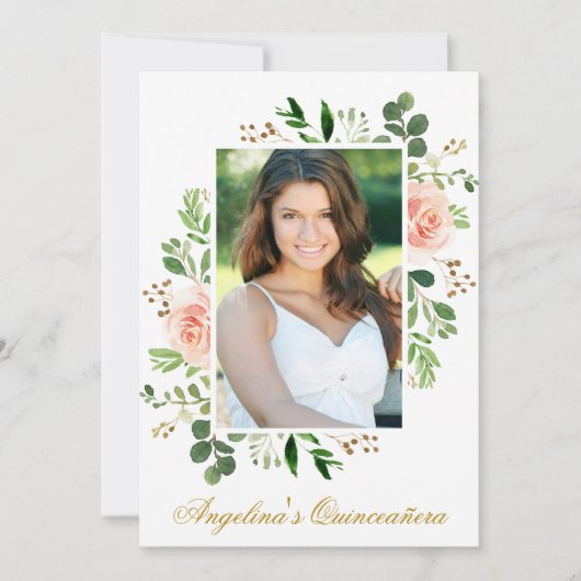 Invitation Aquarelle rose Floral Vert Photo Quinceanera (Devant)