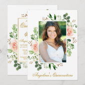 Invitation Aquarelle rose Floral Vert Photo Quinceanera (Devant / Derrière)