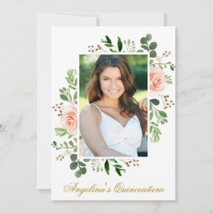Invitation Aquarelle rose Floral Vert Photo Quinceanera