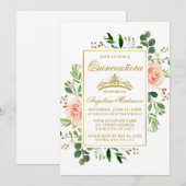 Invitation Aquarelle rose Floral Vert Quinceanera Or (Devant / Derrière)