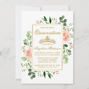 Invitation Aquarelle rose Floral Vert Quinceanera Or