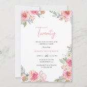 Invitation Aquarelle rose Floral Vingt Boho Chic Anniversaire (Devant)