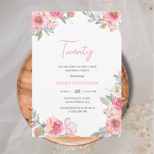 Invitation Aquarelle rose Floral Vingt Boho Chic Anniversaire