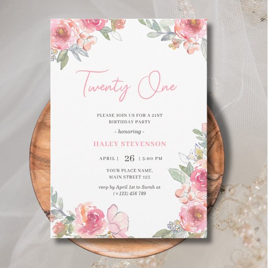 Invitation Aquarelle rose Floral Vingt et un Boho Anniversair